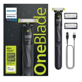 PHILIPS OneBlade dual-sided blade closeup highlighting precise edging benefit