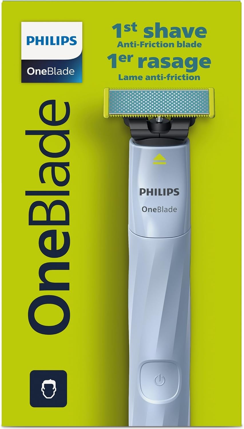 PHILIPS OneBlade front view showing compact design and safe grip benefit