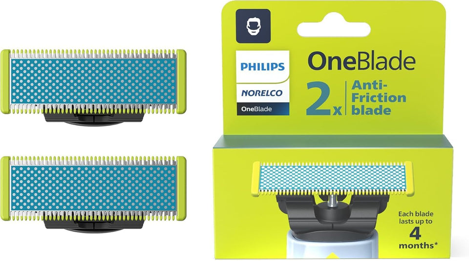 Philips OneBlade front packaging showing included two blades and branding for quick replacement