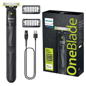 PHILIPS OneBlade front view showing sleek body and controls for easy grooming