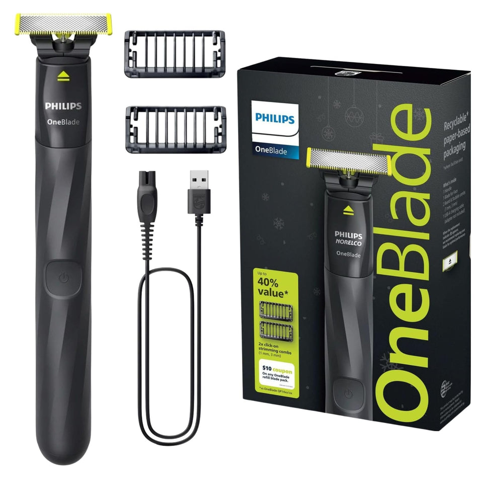 PHILIPS OneBlade front view showing sleek body and controls for easy grooming