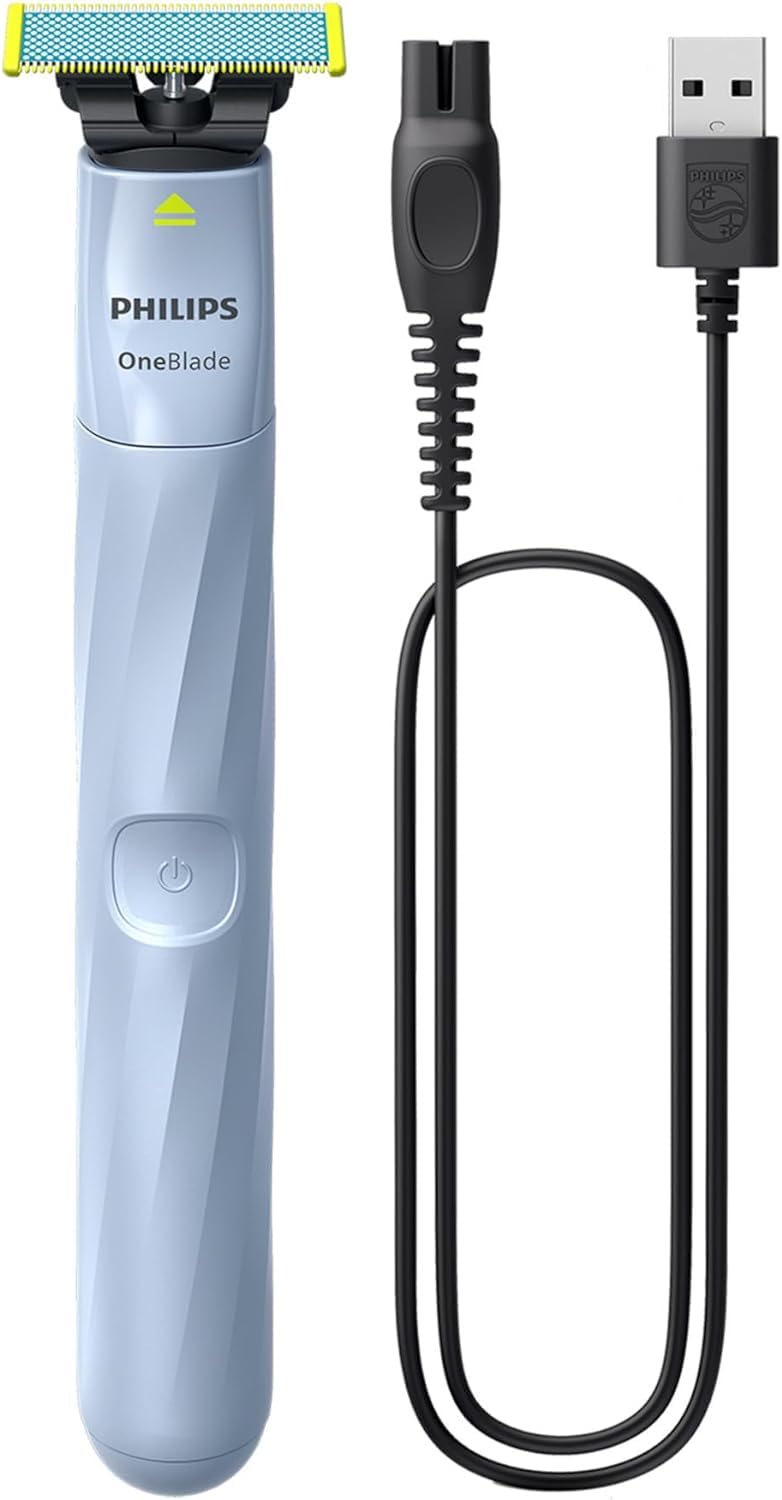 PHILIPS OneBlade box with contents displayed showing included accessories benefit