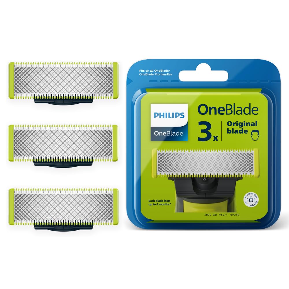 PHILIPS OneBlade QP230/50 three-pack front packaging showing genuine replacement blades and brand benefit of restored cutting performance