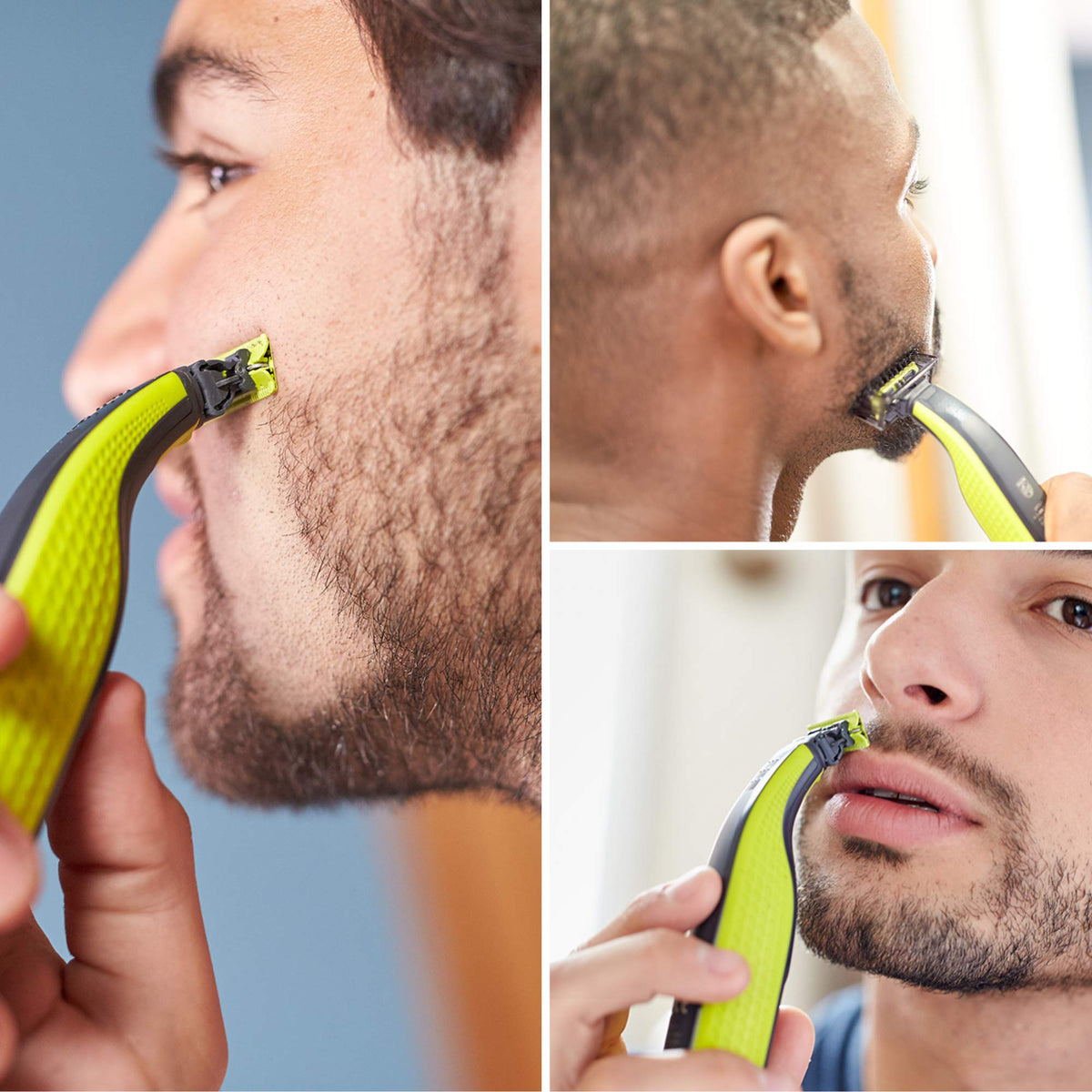 PHILIPS OneBlade QP2520 blade close-up showing dual cut edges for faster trims