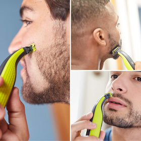 PHILIPS OneBlade QP2520 blade close-up showing dual cut edges for faster trims
