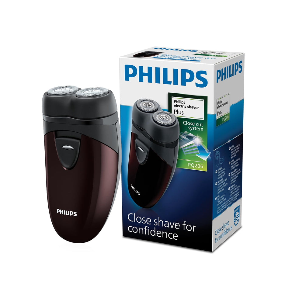 PHILIPS PQ206 front view showing compact shaver and heads for easy grooming