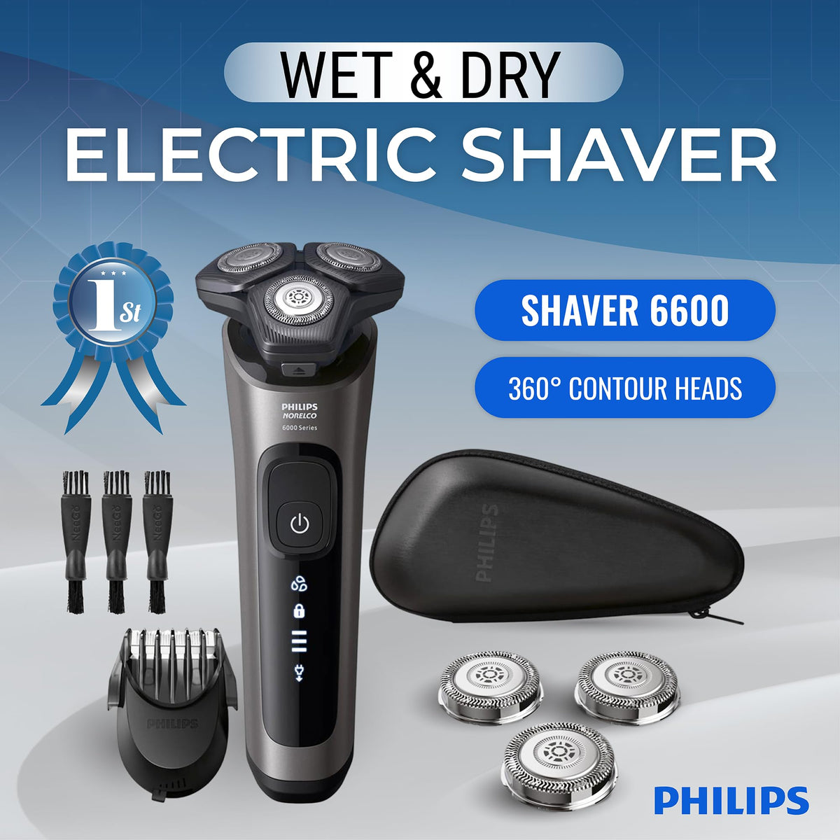 PHILIPS close-up of 360° rotary heads showing skin-friendly contouring benefit