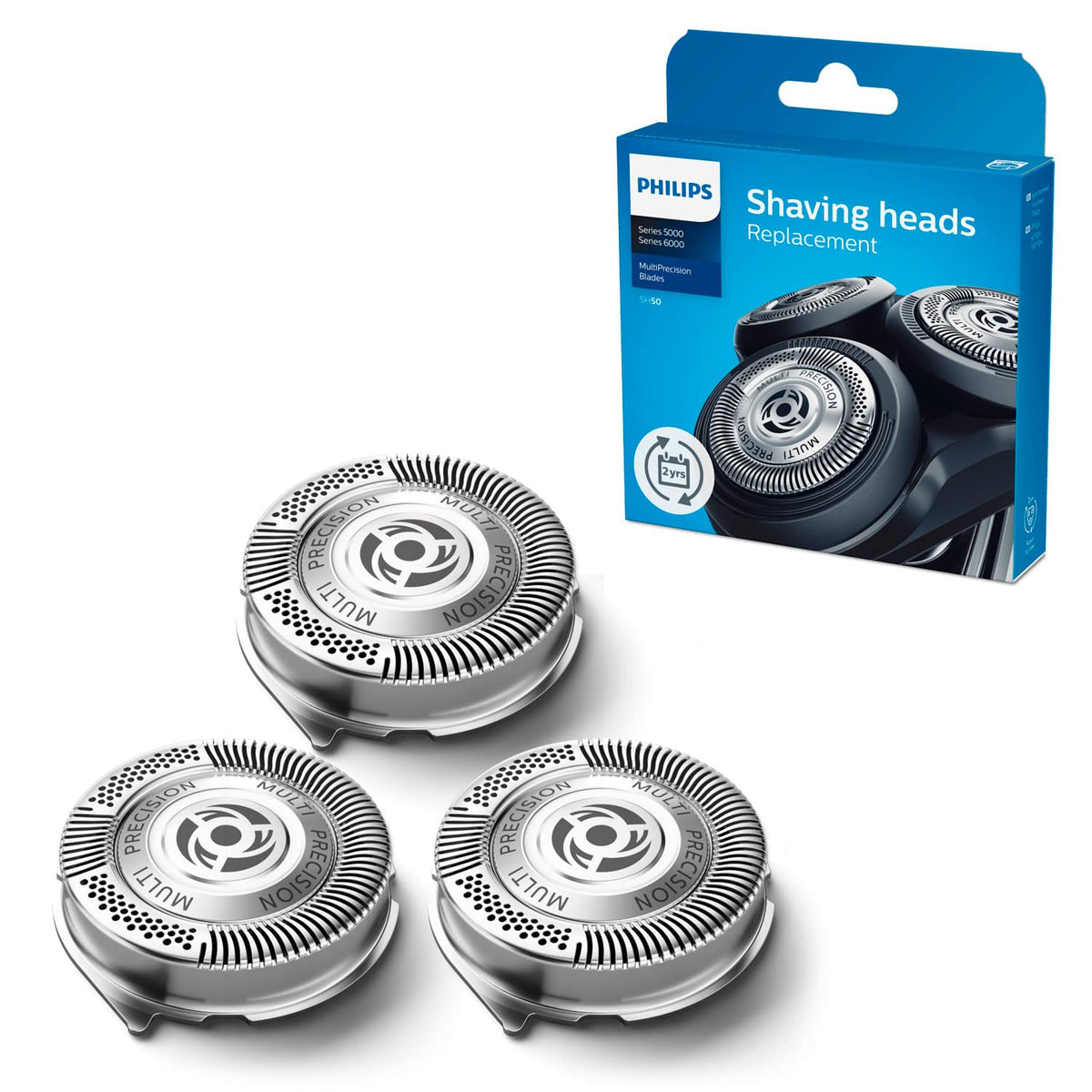 PHILIPS SH50/50 front packaging showing three replacement heads and compatibility