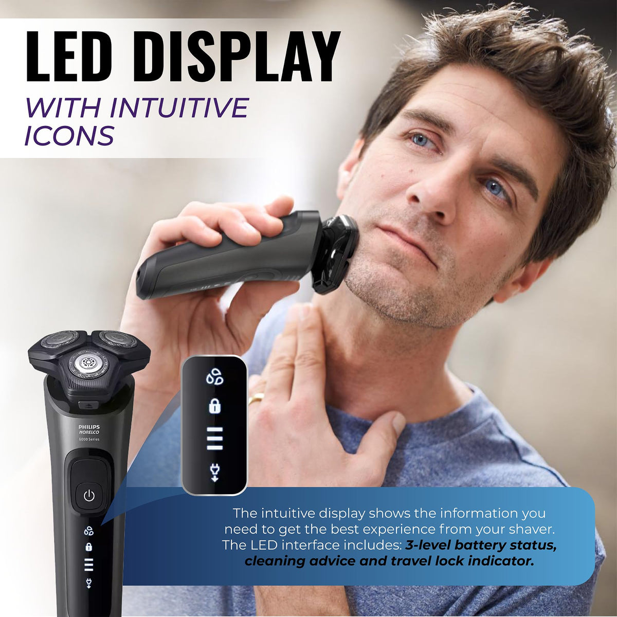 PHILIPS shaver in hand showing compact size and travel-friendly benefit