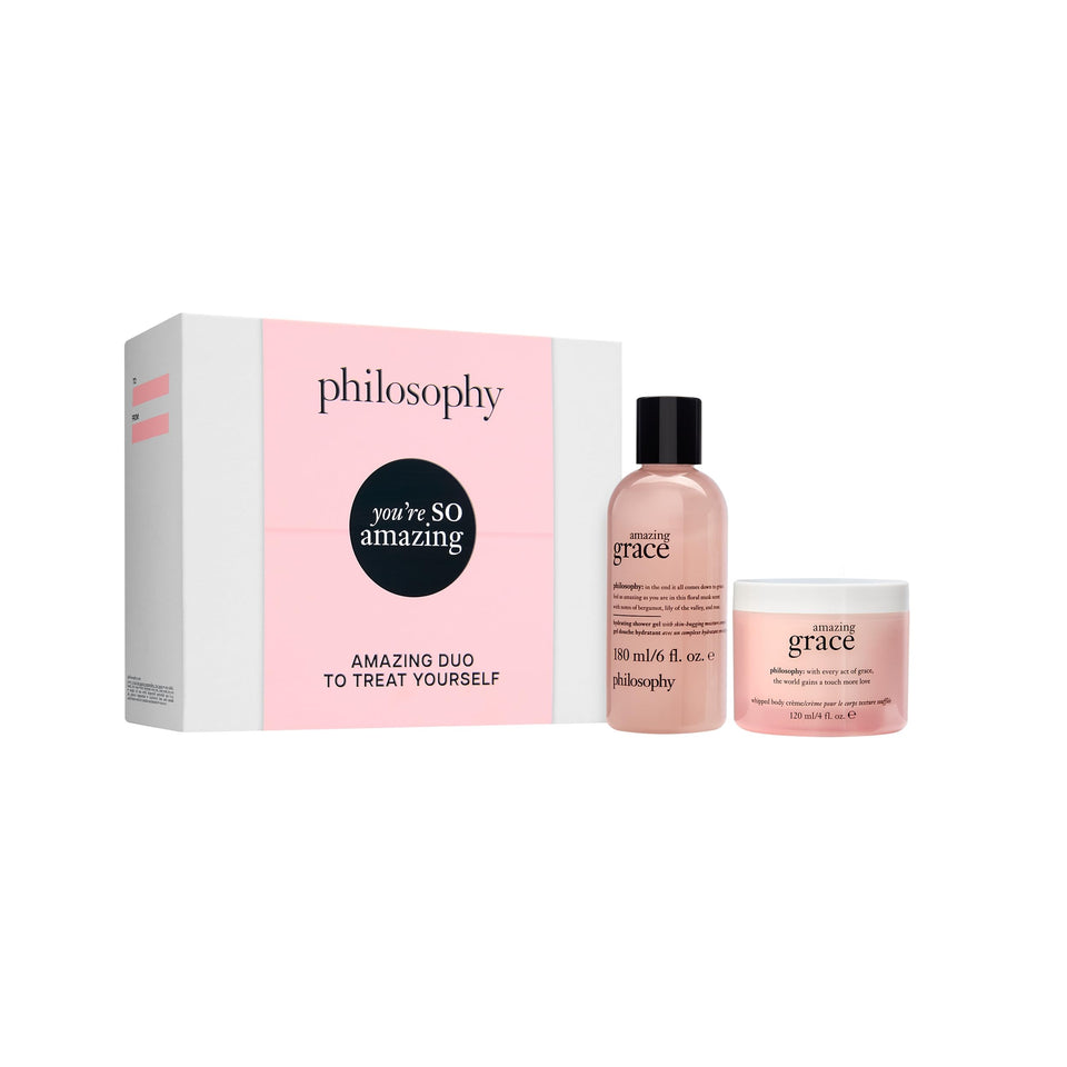 philosophy front packaging of Amazing Grace gift set shows both products and scent benefit