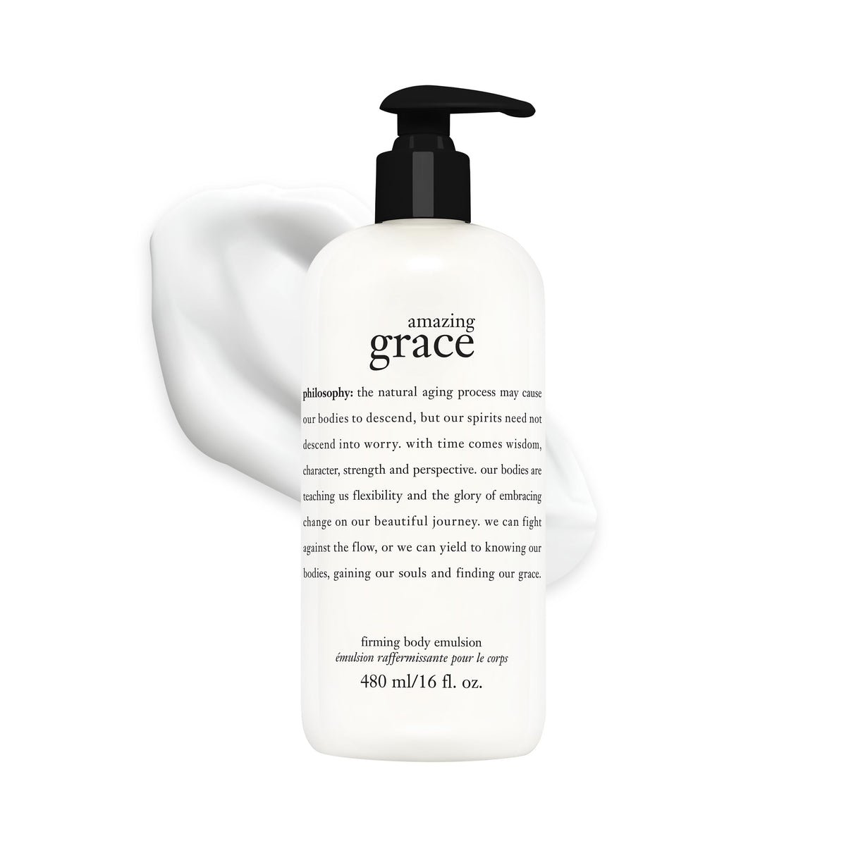 philosophy amazing grace front pump bottle showing size and easy dispensing benefit