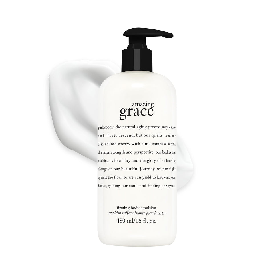 philosophy amazing grace front pump bottle showing size and easy dispensing benefit
