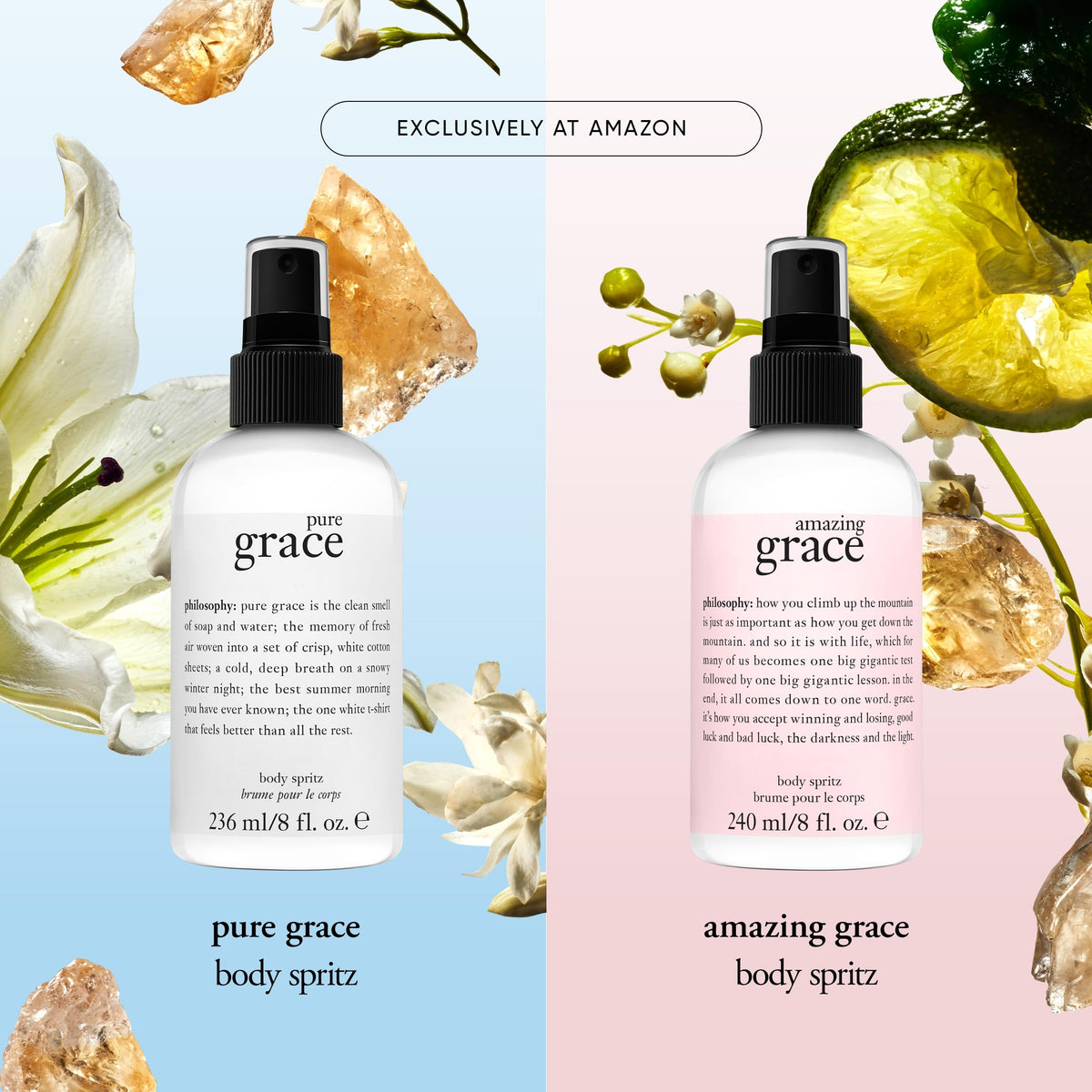philosophy bottle with flowers, elegant gift-ready presentation and appeal