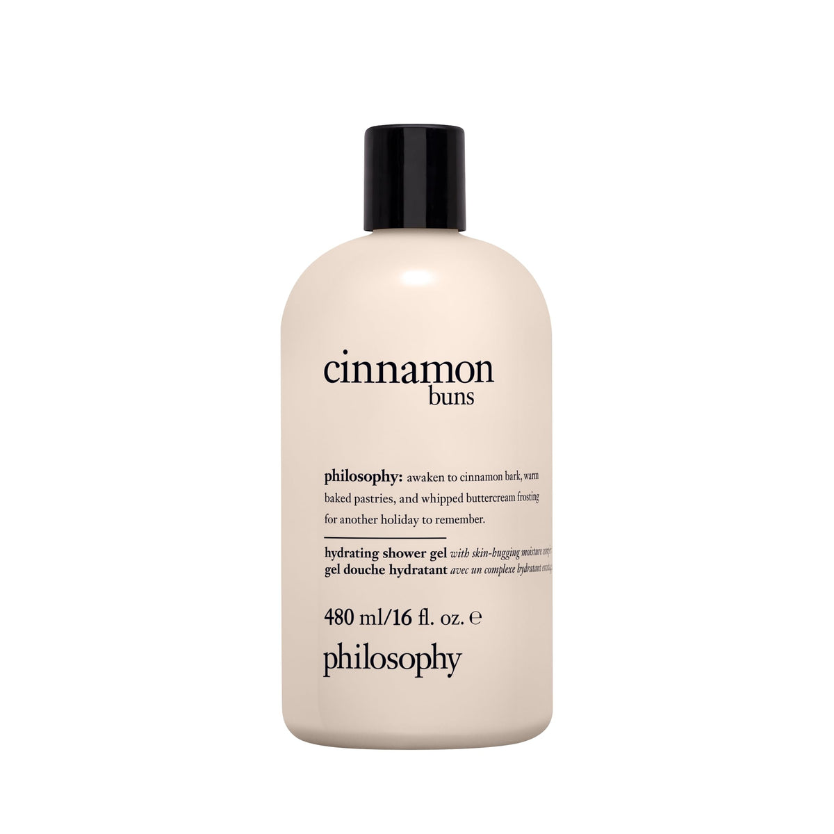 philosophy cinnamon bun front bottle showing label and warm cinnamon scent benefits