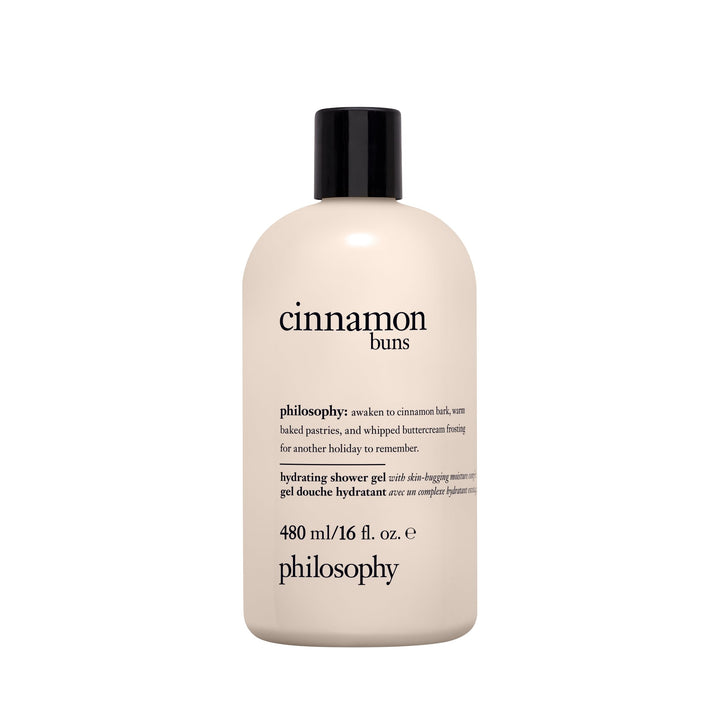 philosophy cinnamon bun front bottle showing label and warm cinnamon scent benefits