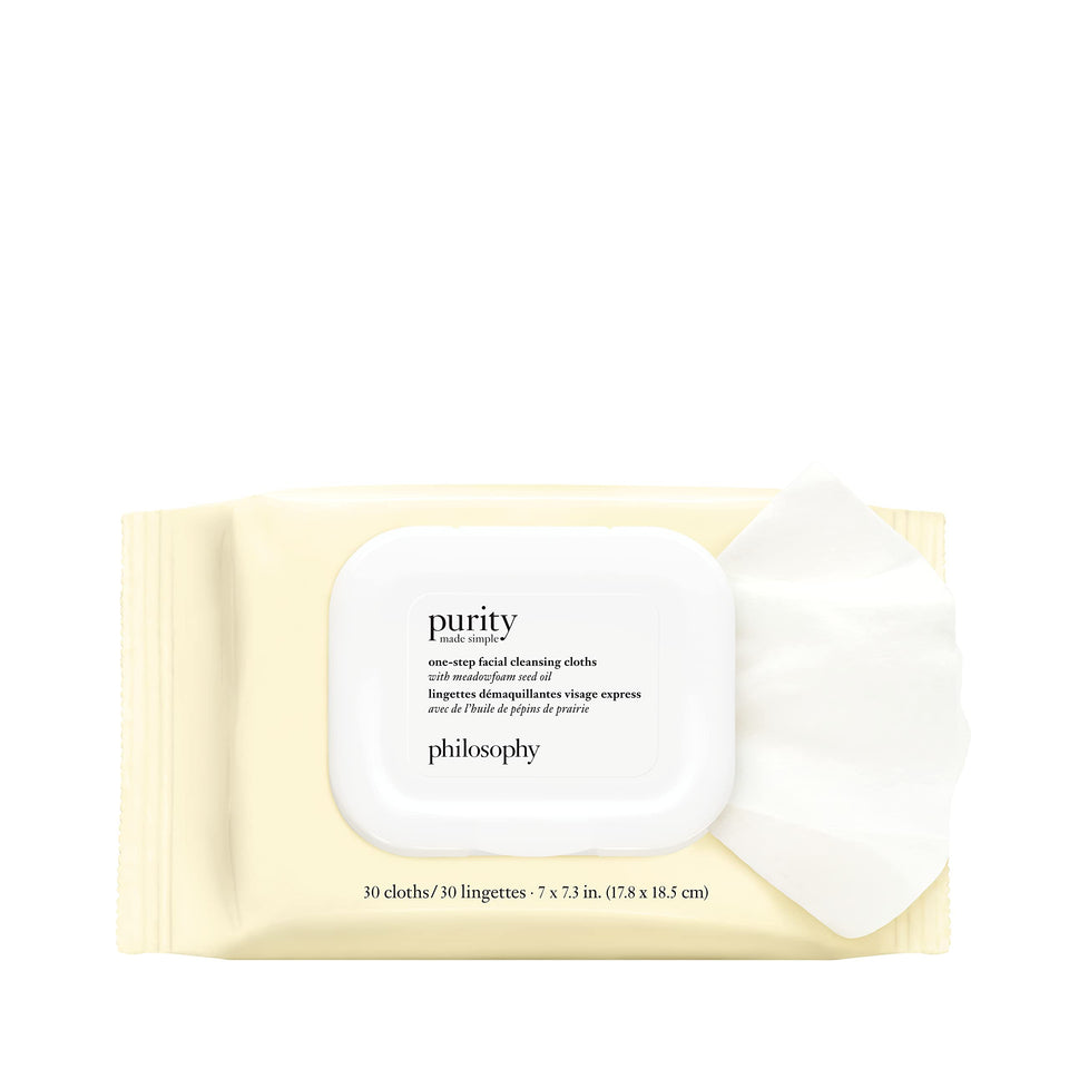 philosophy front packaging showing 30-count wipes and easy-open lid benefit quick access