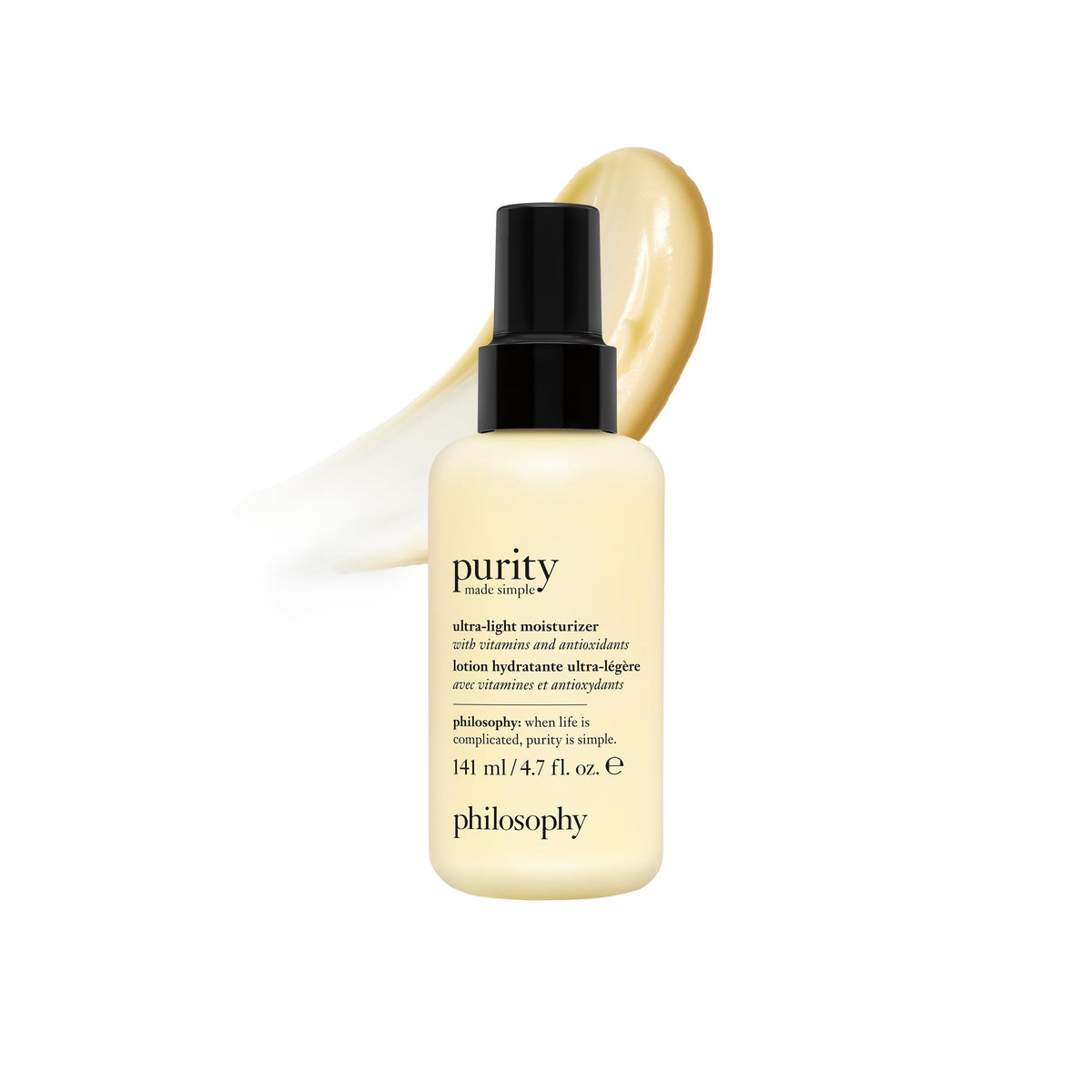 philosophy front-facing pump bottle showing clean design and quick dispensing benefit