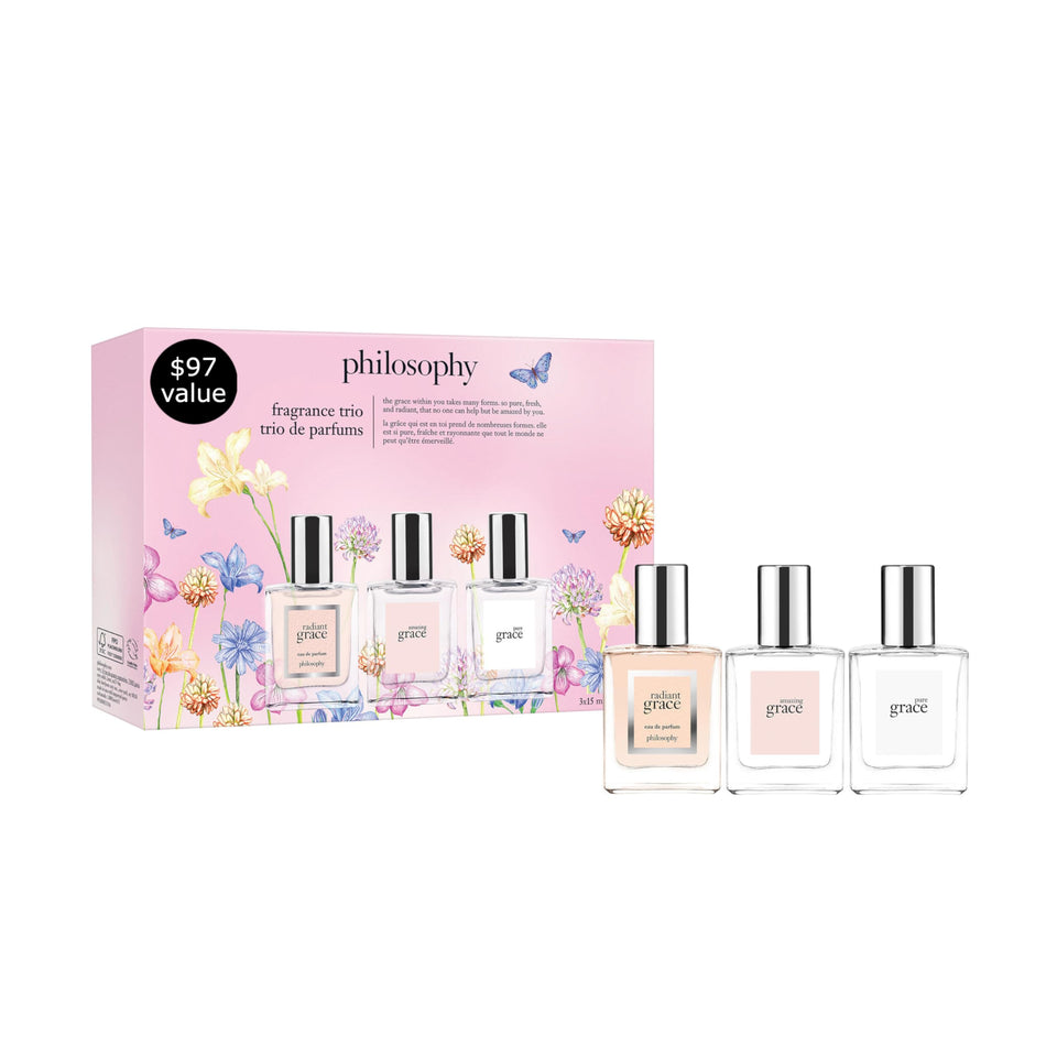 philosophy trio box front view showing gift message and seasonal design, elegant present