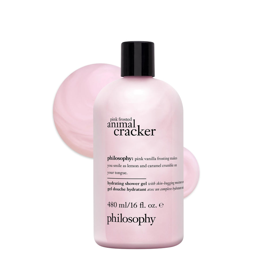 philosophy bottle front view showing label and frosted-pink design for joyful gifting
