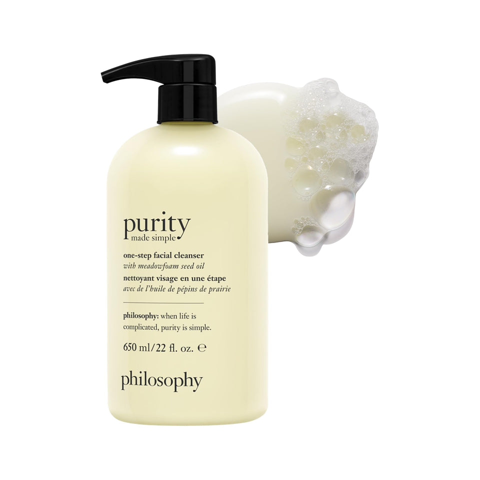 philosophy bottle front view shows clean design and gentle cleanser benefits