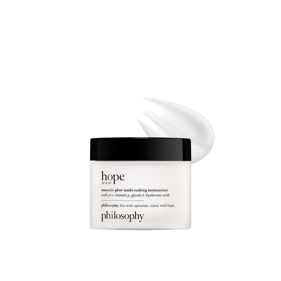 philosophy jar front view showing smooth-glow moisturizer and quick application benefit