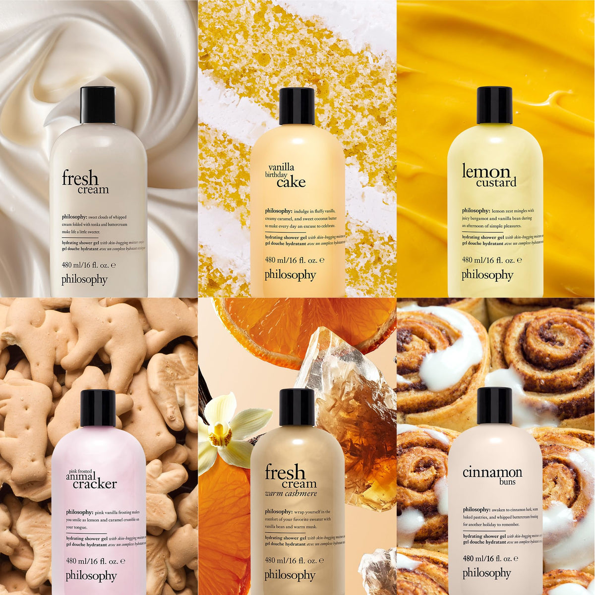 philosophy bottle in a shower setting showing use and calming vanilla cake fragrance