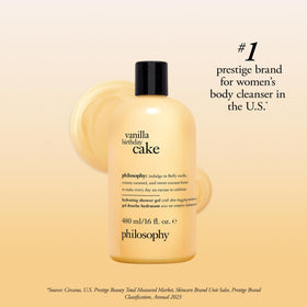 philosophy bottle next to a hand for size comparison and quick scale reference