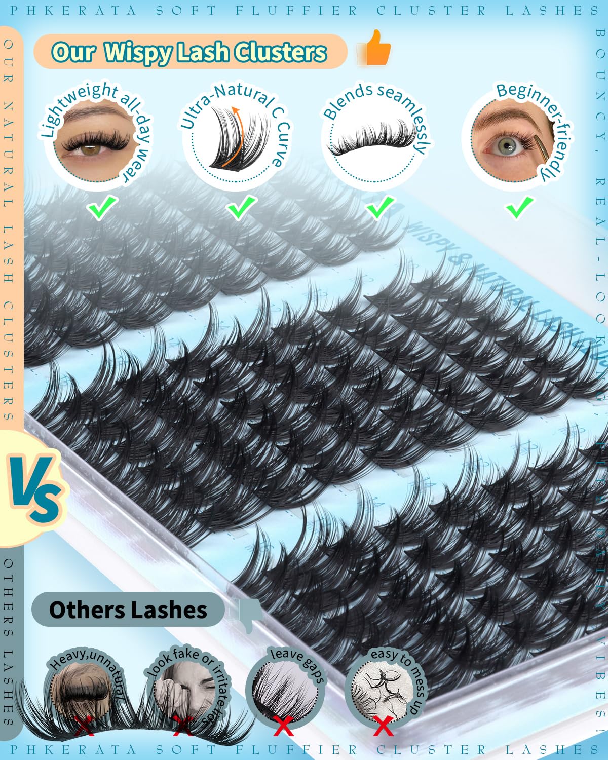 PHKERATA eyelash clusters applied on eye showing instant volume