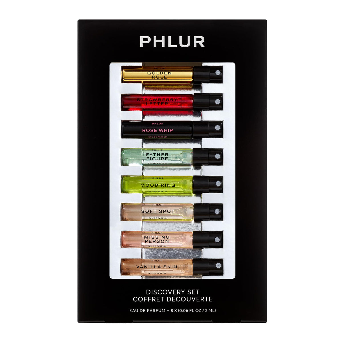 PHLUR front packaging showing the 8pc sampler set and easy gifting benefit