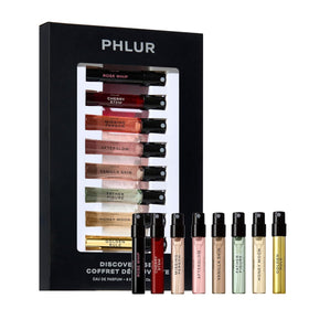 PHLUR fragrance discovery set front view showing all eight 2mL vials and box benefit: easy sampling
