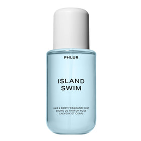 PHLUR front bottle view showing Island Swim packaging and travel-friendly design benefit