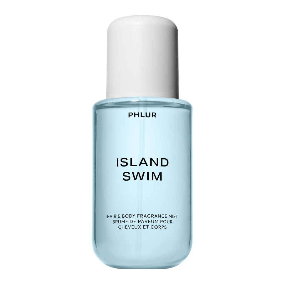 PHLUR front bottle view showing Island Swim packaging and travel-friendly design benefit
