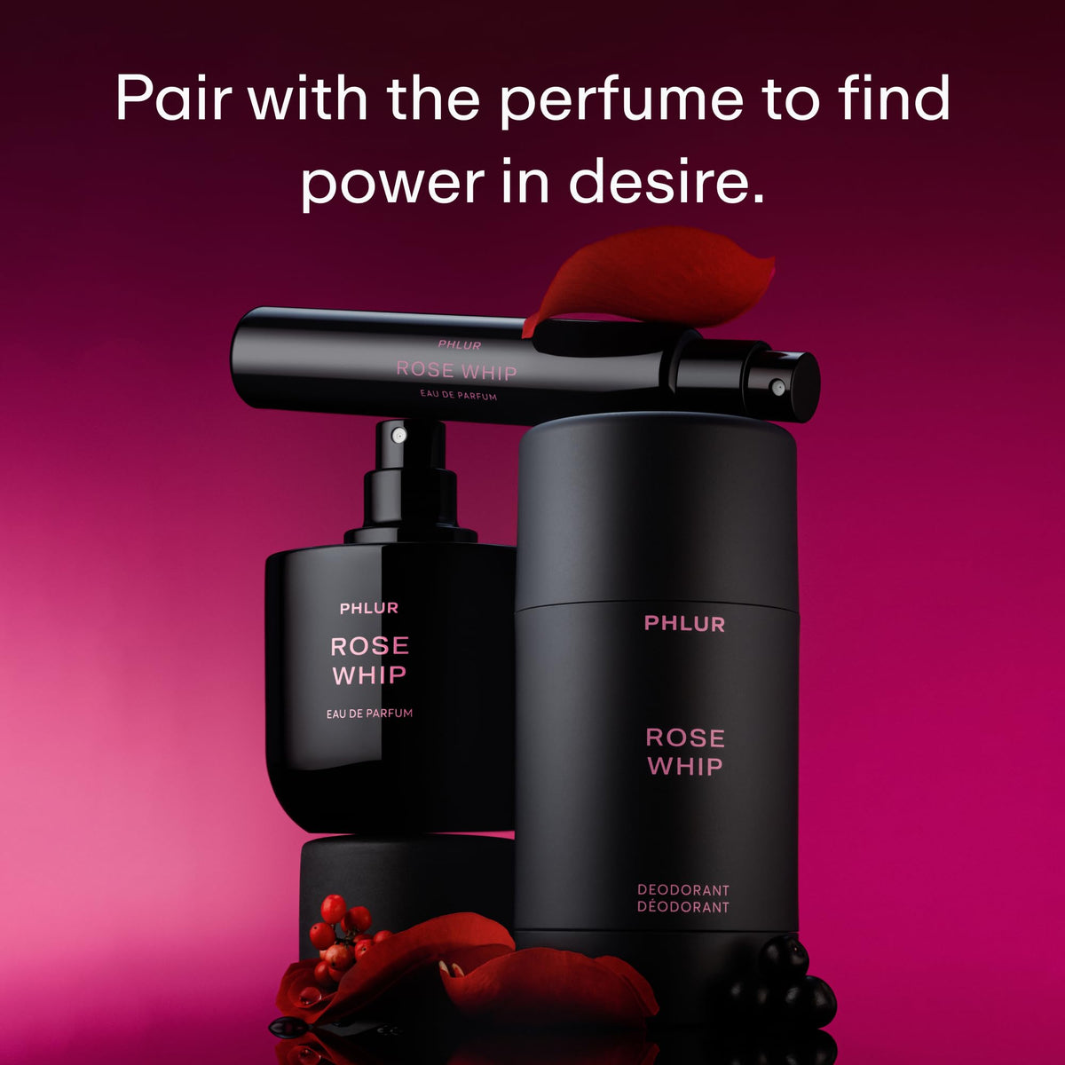PHLUR Rose Whip on bathroom shelf in lifestyle scene for elevated grooming routine