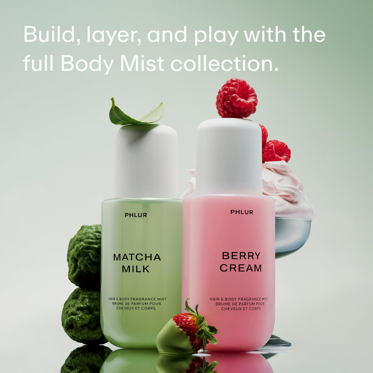 PHLUR Matcha Milk styled on a bathroom vanity showing lifestyle freshness benefit