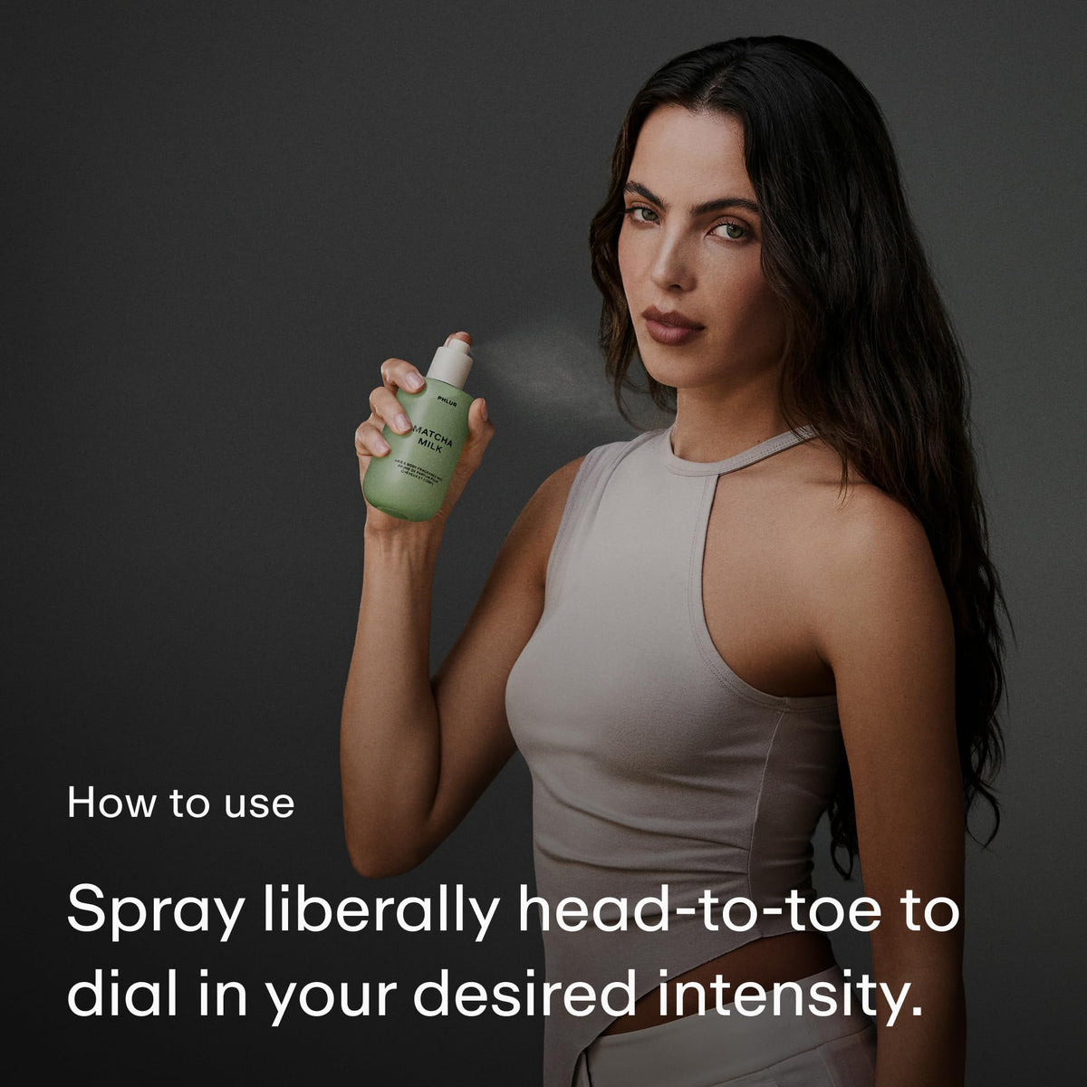 PHLUR Matcha Milk mist texture captured mid-air demonstrating lightweight feel benefit