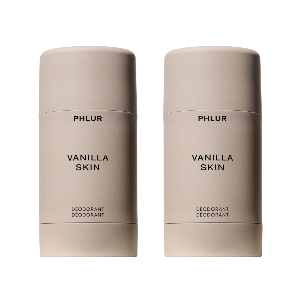 PHLUR front packaging showing two Vanilla Skin deodorant sticks, convenient backup