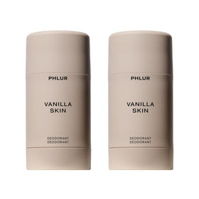 PHLUR front packaging showing two Vanilla Skin deodorant sticks, convenient backup