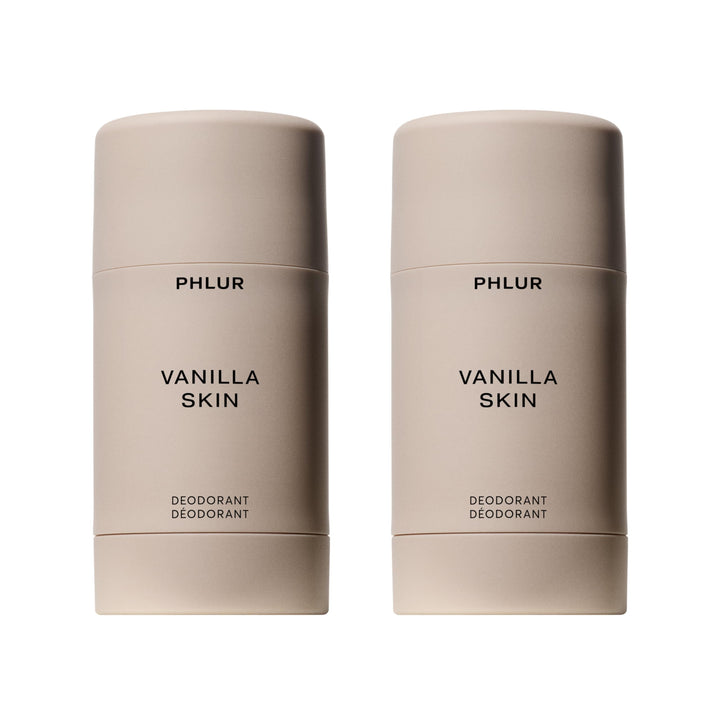 PHLUR front packaging showing two Vanilla Skin deodorant sticks, convenient backup