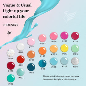 phoenixy color array flatlay displaying 21 shades for versatile manicures and creative mixes