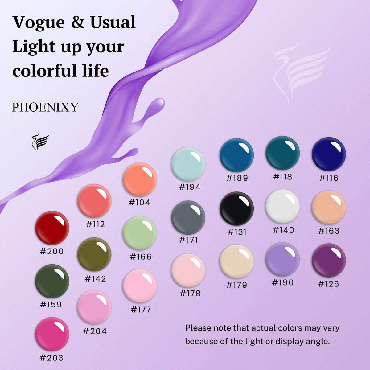 phoenixy color array of 21 gel shades displayed open to show true pigment range
