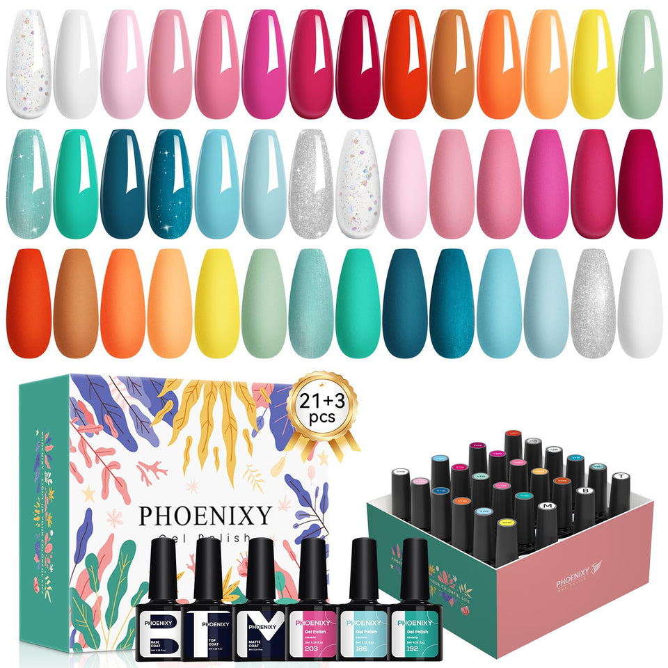 phoenixy front packaging showing complete 24-piece gel set and color lineup benefits easy gifting