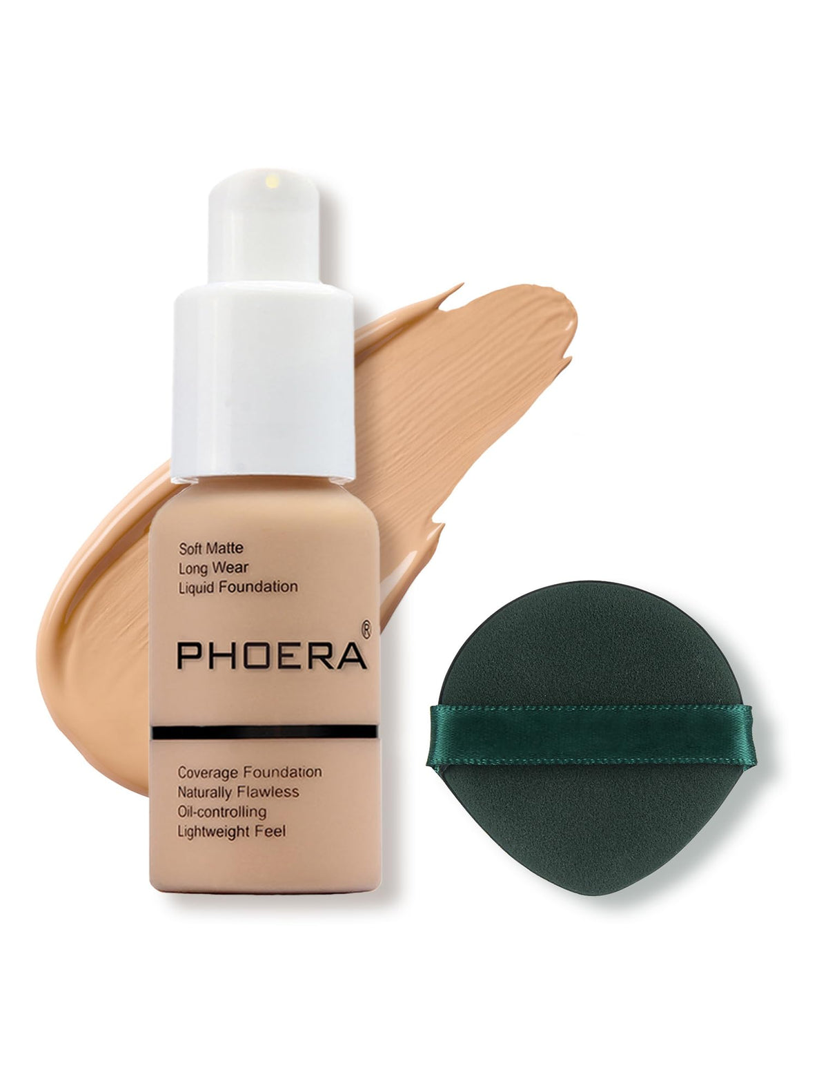 PHOERA bottle front view showing shade #104 Buff Beige and neat packaging benefit