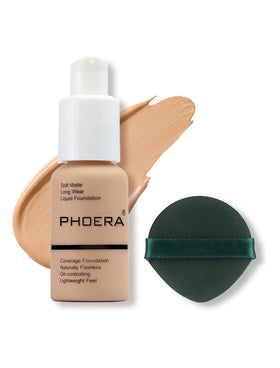 PHOERA bottle front view showing shade #104 Buff Beige and neat packaging benefit
