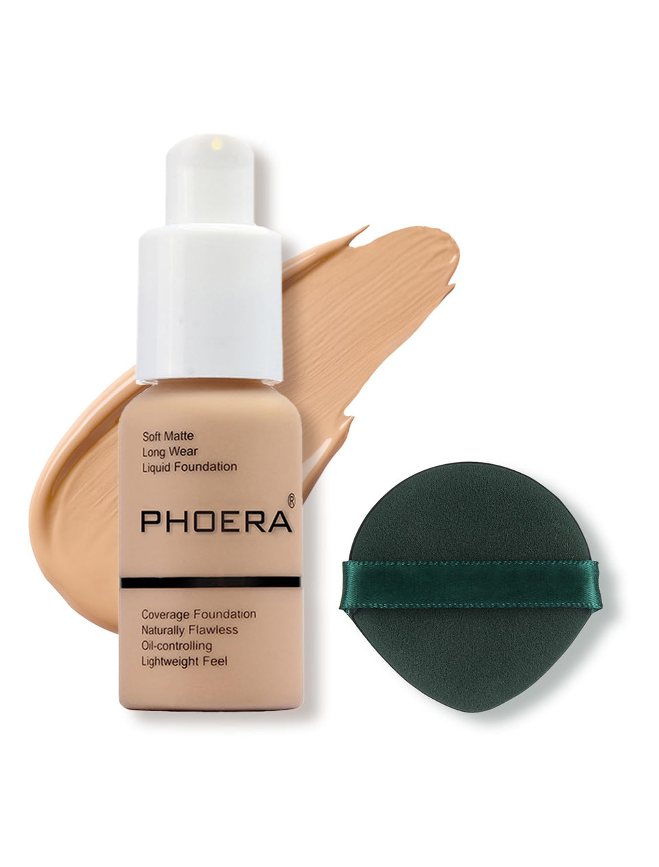 PHOERA bottle front view showing shade #104 Buff Beige and neat packaging benefit
