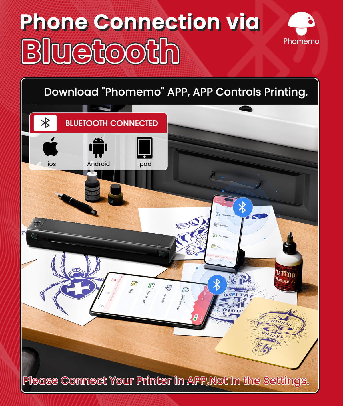 Phomemo M08F closeup of control panel and buttons for fast one-touch printing
