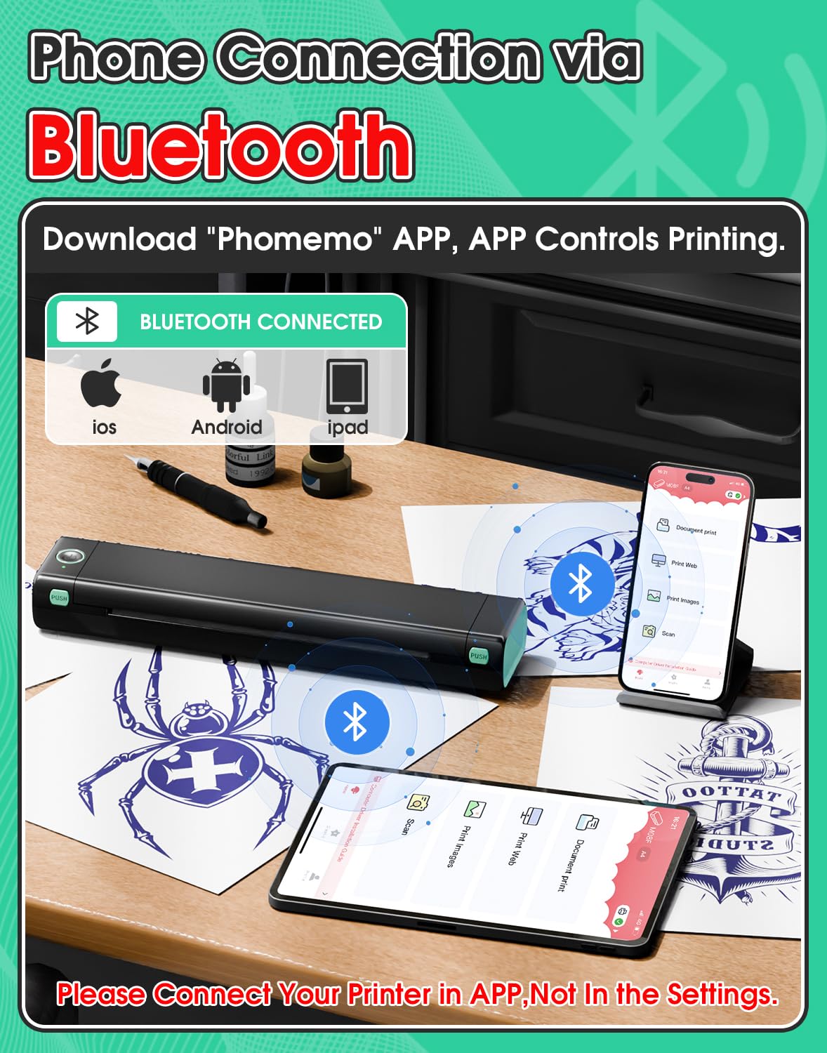 Phomemo control buttons closeup showing tactile controls for precise printing
