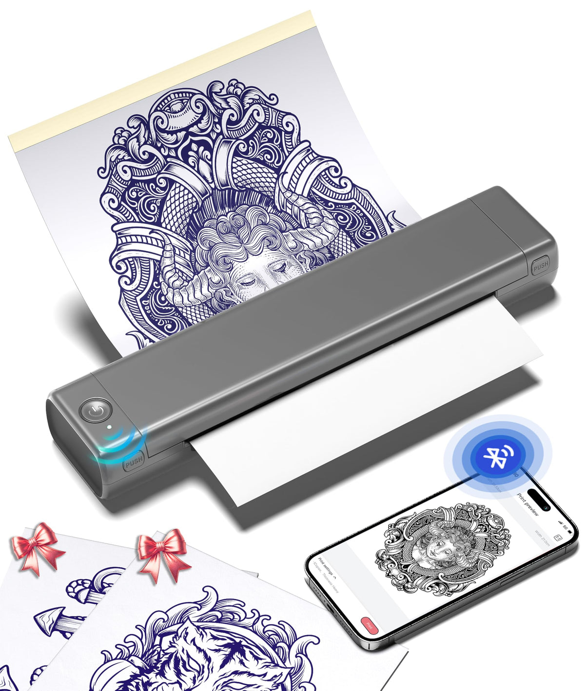 Phomemo M08F front view showing compact design and branding benefit portability