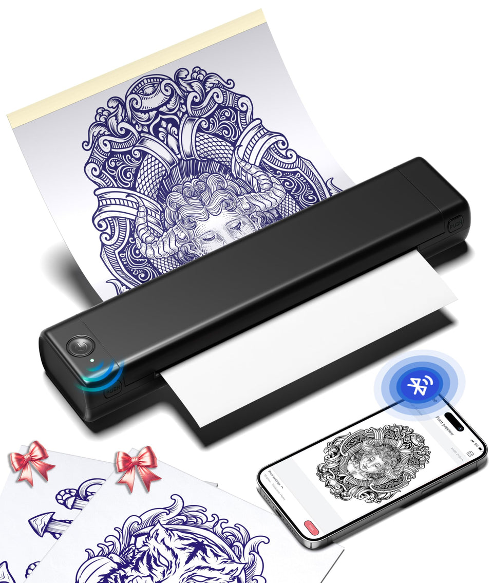 Phomemo M08F front view showing compact design and branding for easy studio placement