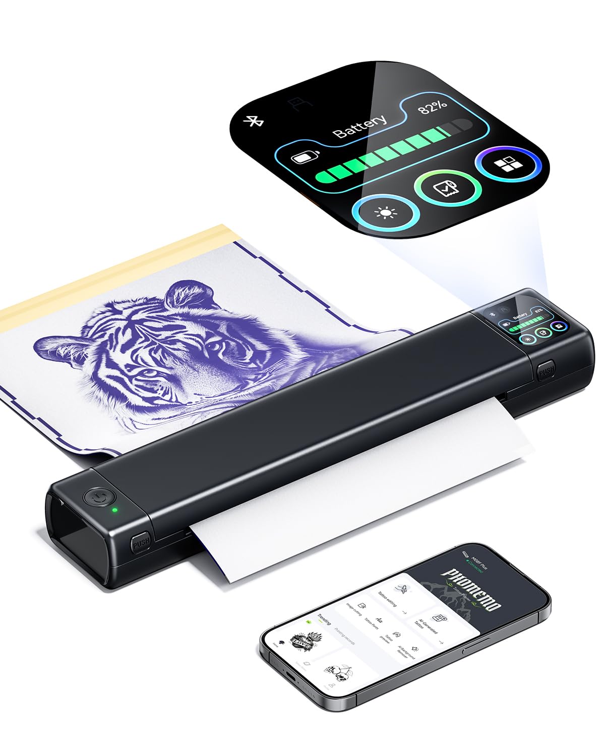 Phomemo M08F Plus front view showing compact design and touchscreen ease