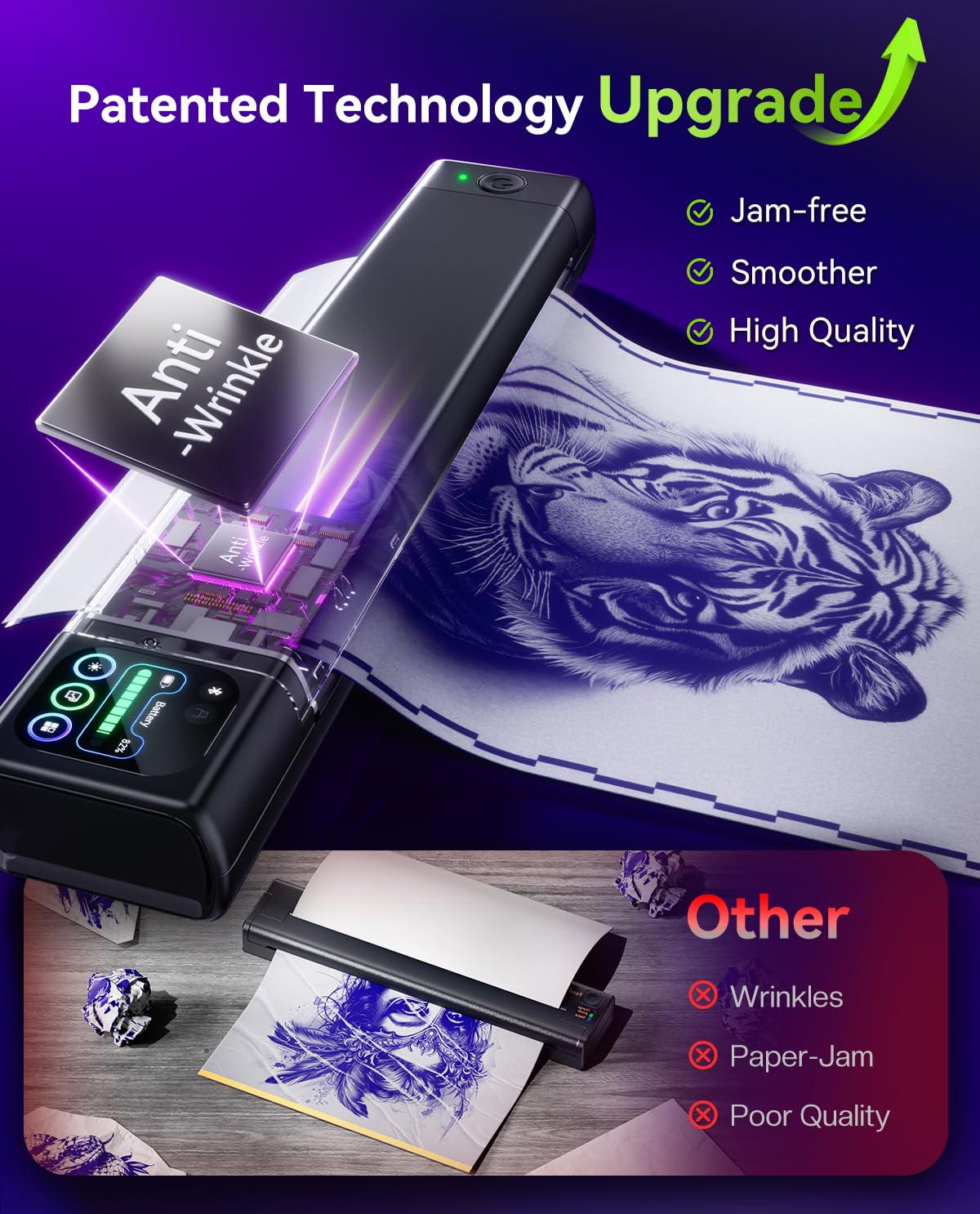 Phomemo held in hand to show compact size and portable tattoo workflow